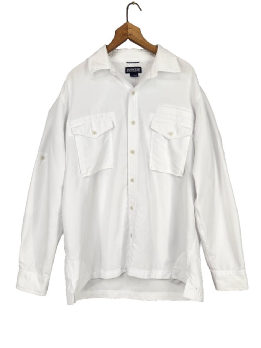 Lands' End Vented Fishing Shirt Men's L 16 White Long Roll Tab Sleeves Utility